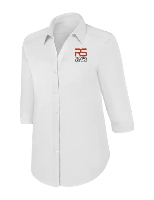 Womens White 3/4 Sleeve Carefree Poplin Shirt w/Richards Supply Logo