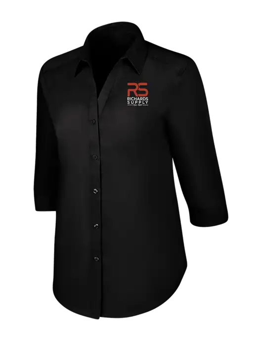 Womens Black 3/4 Sleeve Carefree Poplin Shirt w/Richards Supply Logo