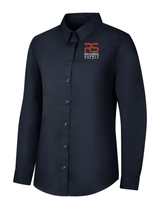 Womens River Blue Navy Long Sleeve Carefree Poplin Shirt w/Richards Supply Logo