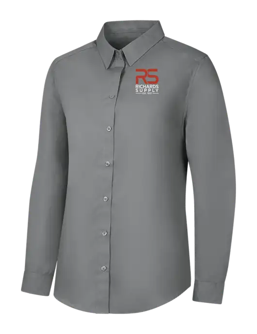 Womens Medium Grey Long Sleeve Carefree Poplin Shirt w/Richards Supply Logo