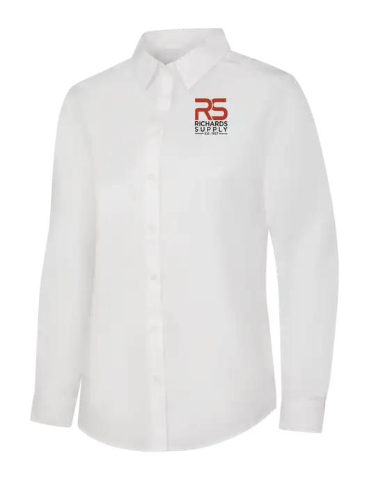 Womens White Long Sleeve Carefree Poplin Shirt w/Richards Supply Logo