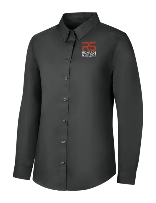 Womens Dark Grey Long Sleeve Carefree Poplin Shirt w/Richards Supply Logo