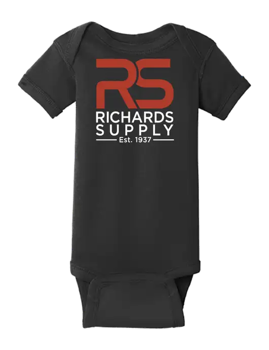 Rabbit Skins Black Infant Short Sleeve Baby Rib Bodysuit w/Richards Supply Logo