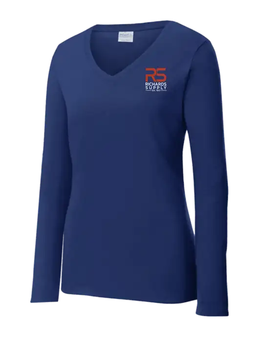 Womens  V-Neck Ring Spun Navy 4.5 oz Long Sleeve T-Shirt w/Richards Supply Logo