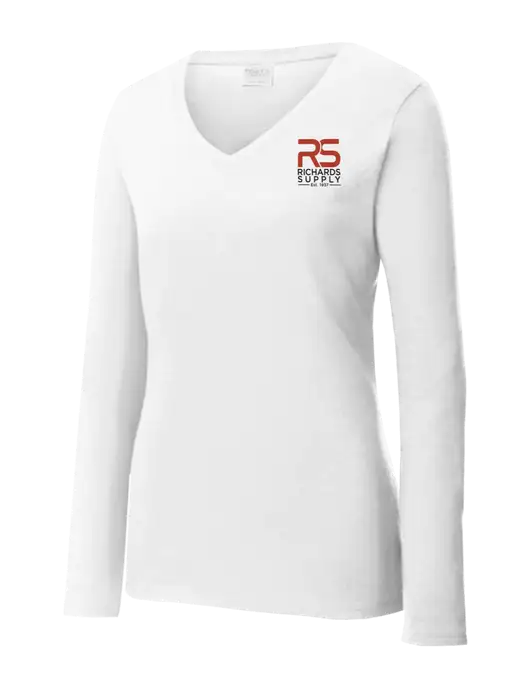 Womens  V-Neck Ring Spun White 4.5 oz Long Sleeve T-Shirt w/Richards Supply Logo