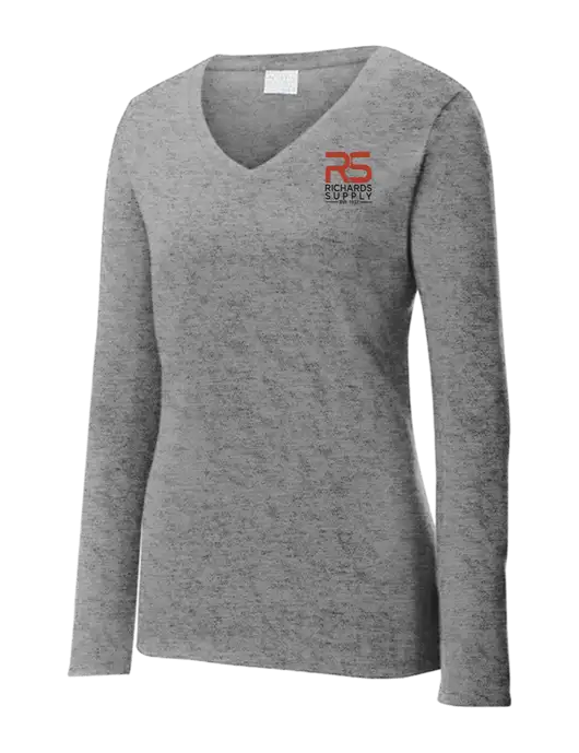 Womens  V-Neck Ring Spun Grey Heather 4.5 oz Long Sleeve T-Shirt w/Richards Supply Logo