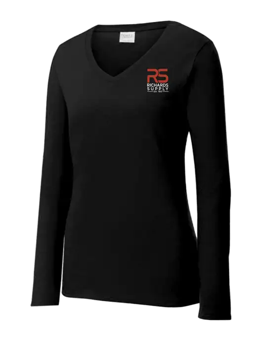 Womens V-Neck Ring Spun Jet Black 4.5 oz Long Sleeve T-Shirt w/Richards Supply Logo