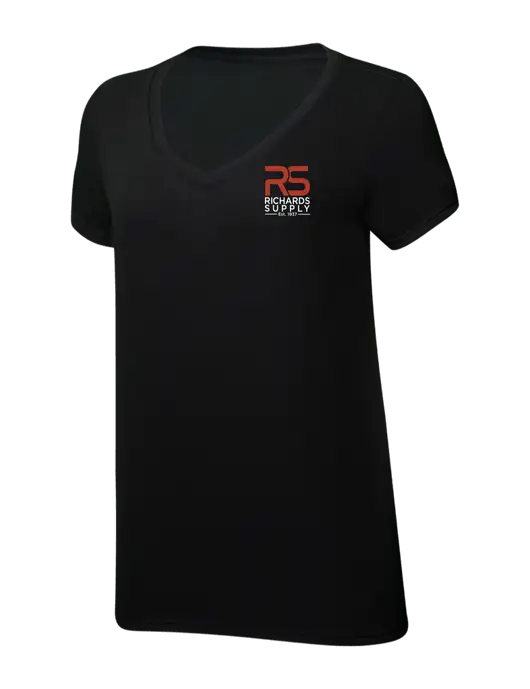 Womens Simply Soft V-Neck Black 4.5oz  Poly/Combed Ring Spun Cotton T-Shirt w/Richards Supply Logo