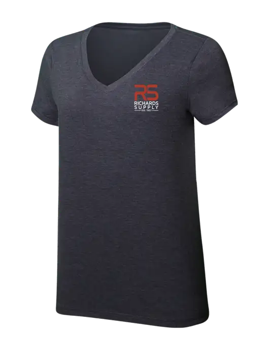 Womens Simply Soft V-Neck Heather Charcoal 4.5oz  Poly/Combed Ring Spun Cotton T-Shirt w/Richards Supply Logo