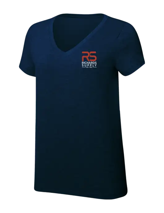 Womens Simply Soft V-Neck New Navy 4.5oz  Poly/Combed Ring Spun Cotton T-Shirt w/Richards Supply Logo