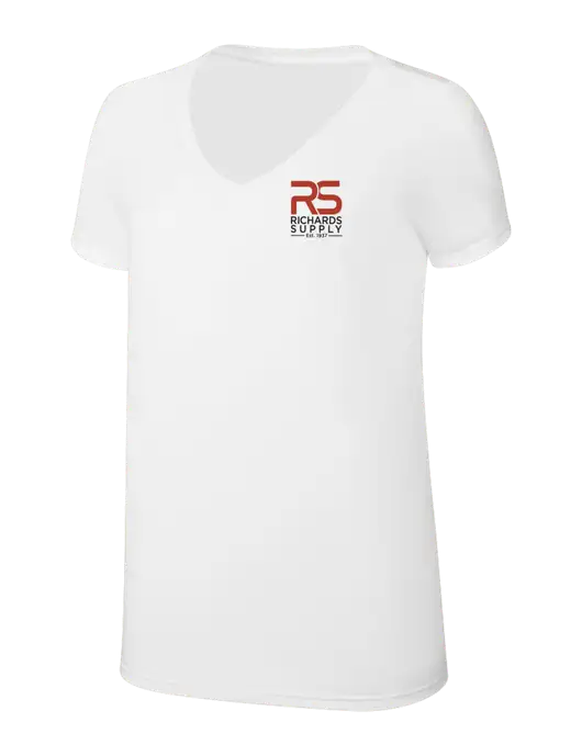 Womens Simply Soft V-Neck White 4.5oz  Poly/Combed Ring Spun Cotton T-Shirt w/Richards Supply Logo