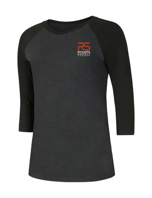 Womens Simply Soft 3/4 Sleeve Black/Black Frost Ring Spun Cotton T-Shirt w/Richards Supply Logo