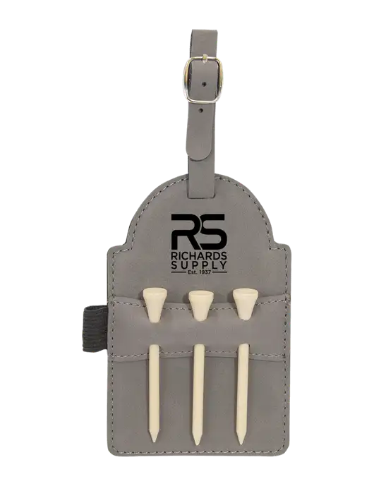 Grey Leatherette Golf Bag Tag with 3 Wooden Tees w/Richards Supply Logo