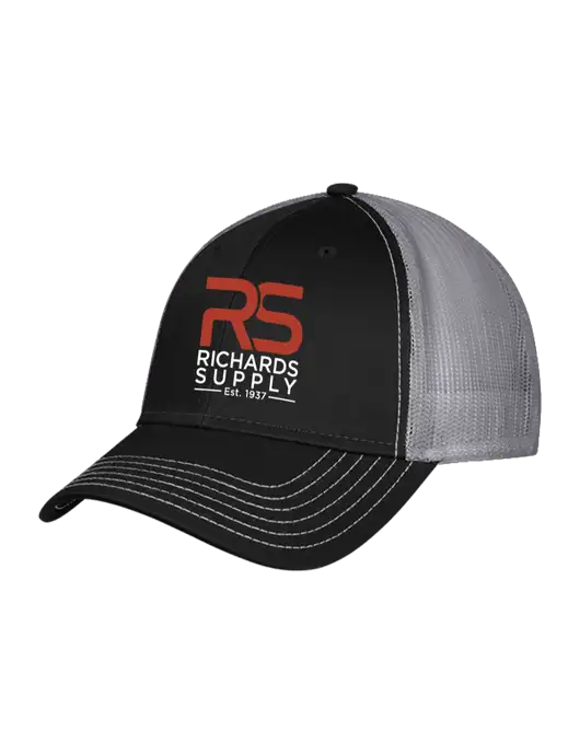Black/Medium Dark Grey Mesh Trucker Cap Snap Back w/Richards Supply Logo