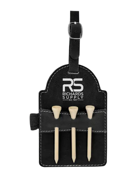 Black Leatherette Golf Bag Tag with 3 Wooden Tees w/Richards Supply Logo