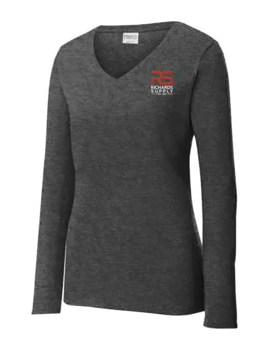 Womens  V-Neck Ring Spun Dark Heather Grey 4.5 oz Long Sleeve T-Shirt w/Richards Supply Logo