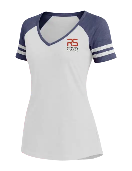 Womens White/Navy Heather V-Neck Game Tee w/Richards Supply Logo