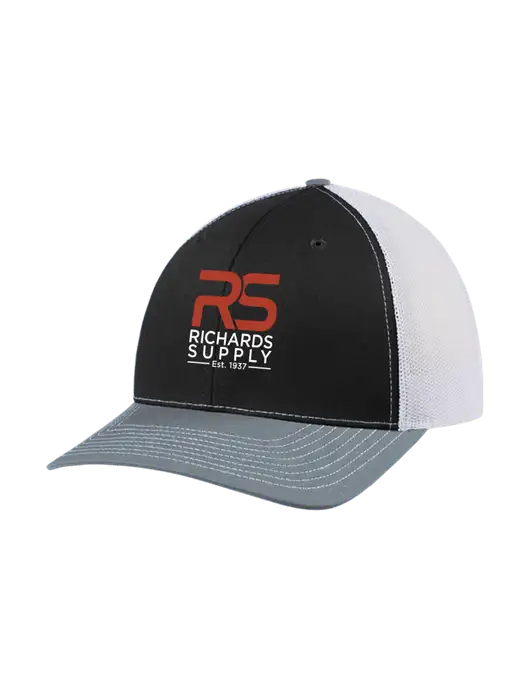 Richardson Adjustable Snapback Original 112 Trucker Cap Black/Light Heather Grey/White Mesh w/Richards Supply Logo
