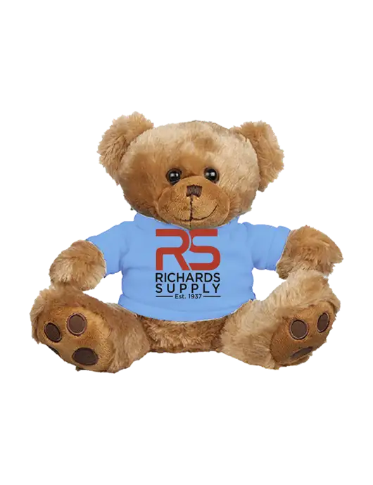 8 1/2 Cuddly Brown Bear With Light Blue T-Shirt w/Richards Supply Logo