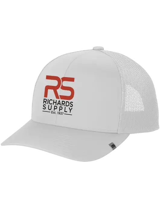 TravisMathew White Cruz Trucker Cap w/Richards Supply Logo