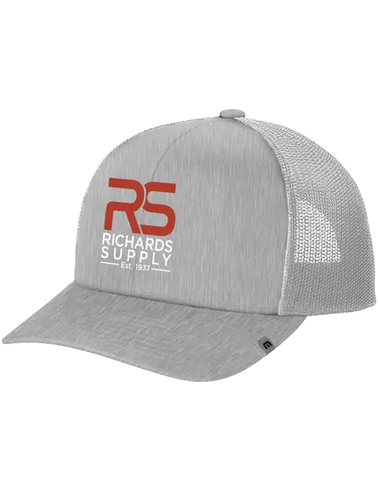 TravisMathew Light Medium Grey Heather Cruz Trucker Cap w/Richards Supply Logo