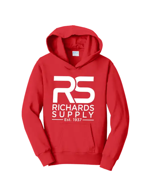 Youth Bright Red 8.5 oz Ring Spun Pullover Hooded Sweatshirt w/Richards Supply Logo