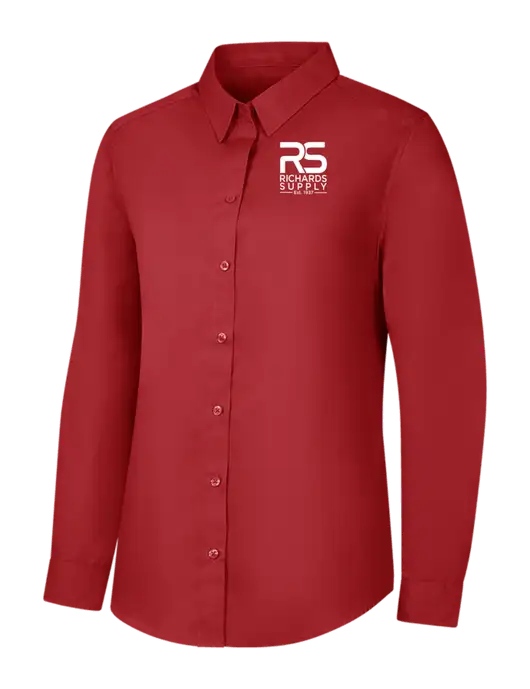 Womens Rich Red  Long Sleeve Carefree Poplin Shirt w/Richards Supply Logo