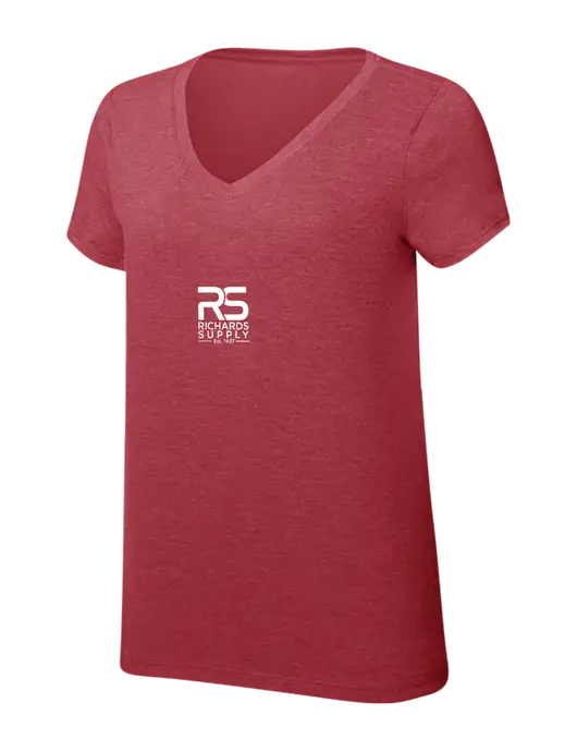 Womens Simply Soft V-Neck Red Frost 4.5oz  Poly/Combed Ring Spun Cotton T-Shirt w/Richards Supply Logo