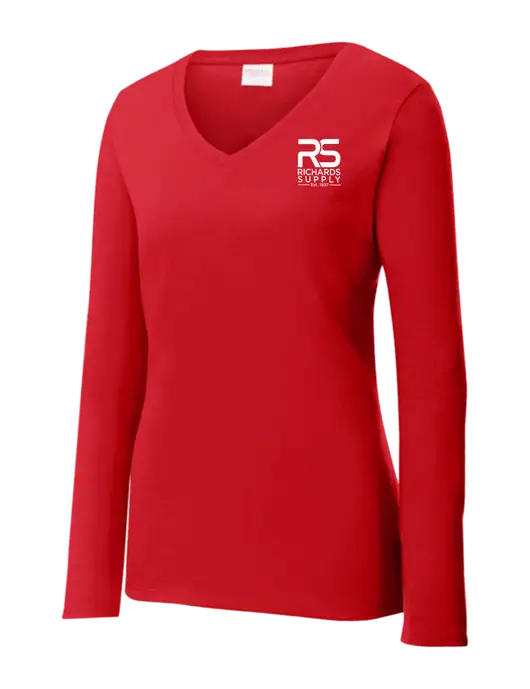 Womens  V-Neck Ring Spun Bright Red 4.5 oz Long Sleeve T-Shirt w/Richards Supply Logo