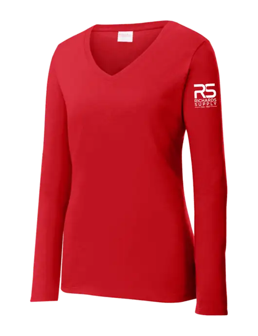 Womens  V-Neck Ring Spun Bright Red 4.5 oz Long Sleeve T-Shirt w/Richards Supply Logo